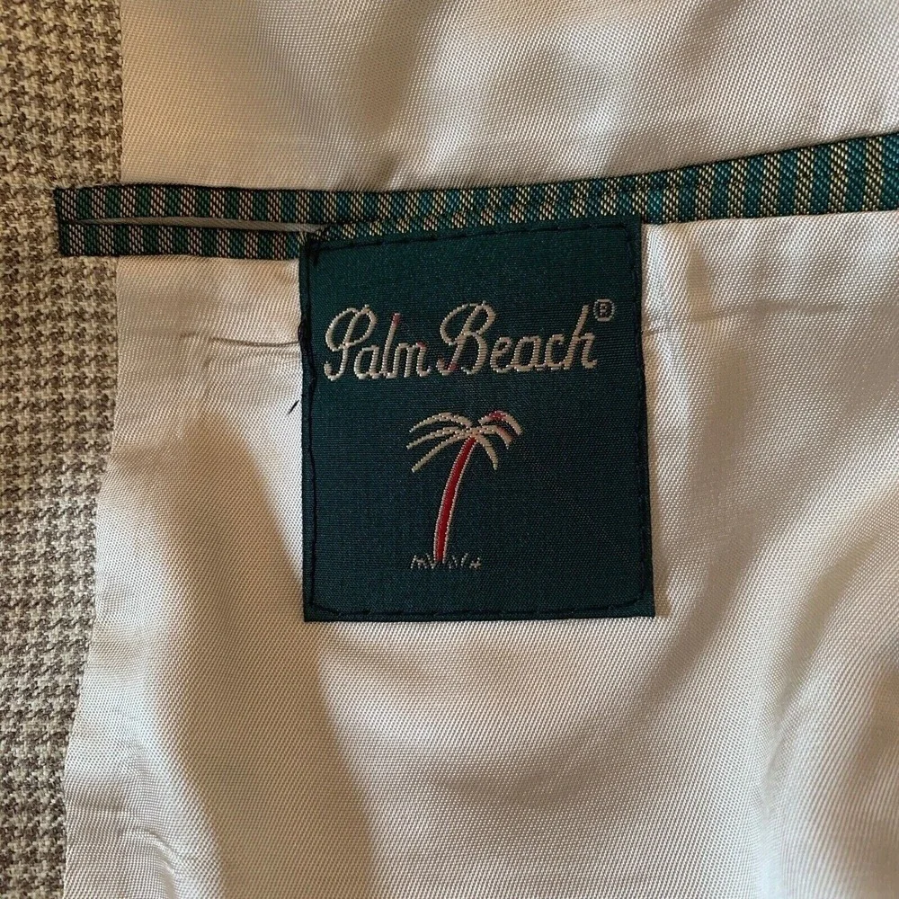 Palm‎ Beach Houndstooth Mens Beige Blazer Silk Wool Blend Sport Coat Jacket 42L